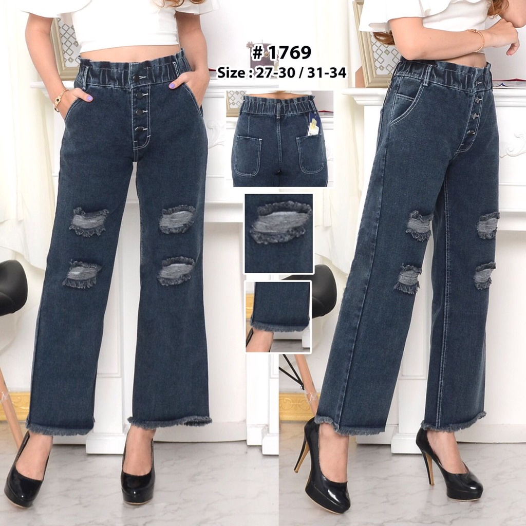 Celana Jeans Wanita Kulot Sobek Rawis 27-30 31-34 Bisa Bayar Ditempat(COD)