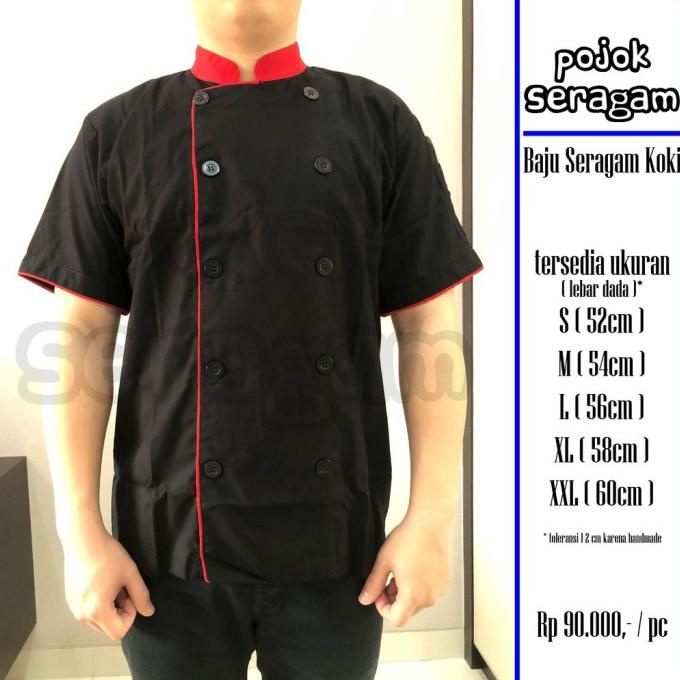 Baju Koki Baju Chef Lengan Pendek Hitam-Merah