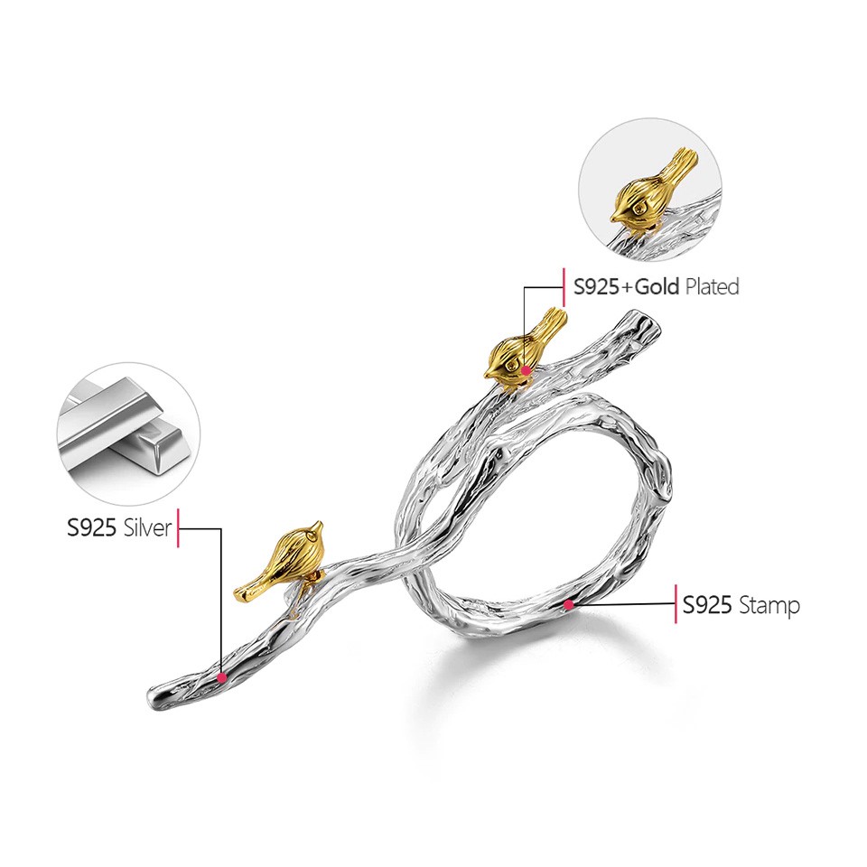 SERI SERI Cincin Wanita Perak 925 Asli Bird on Branch Sterling Silver Adjustable Ring Burung Ranting