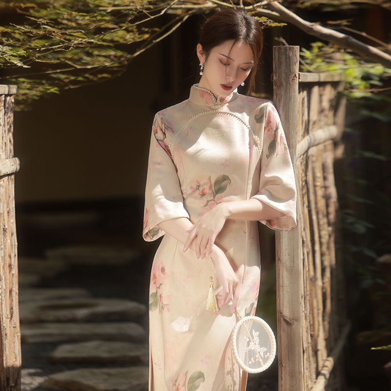 Improved cheongsam 2021 new inverted large sleeve suede young women's autumn style high-end temperam