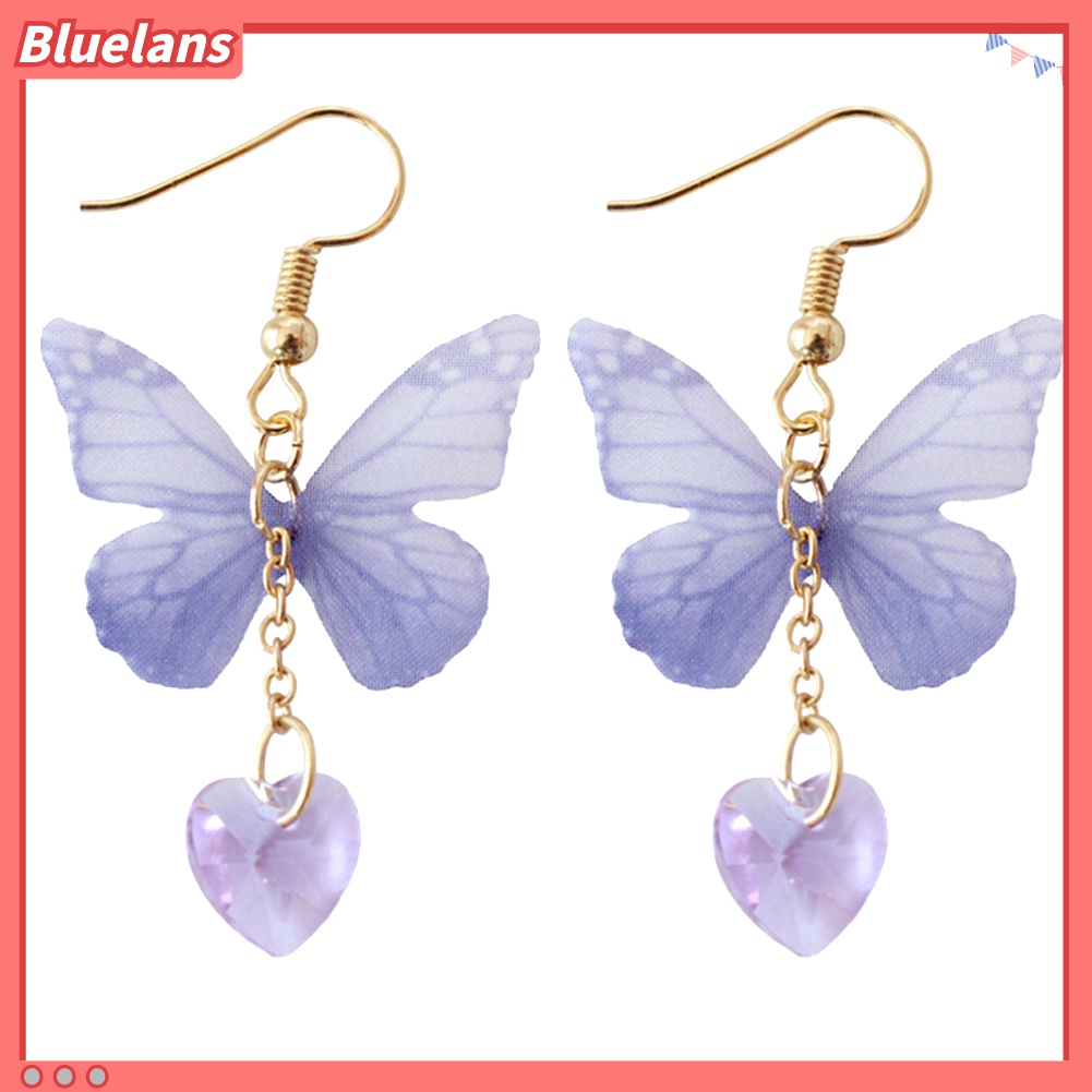 Anting Kait Panjang Menjuntai Desain Butterfly Heart Gaya Elegan Untuk Wanita