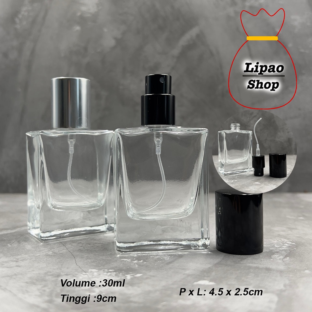 Botol Parfum Refill 30ml Spray Kaca Kotak Tebal Transparan Drat / Ulir