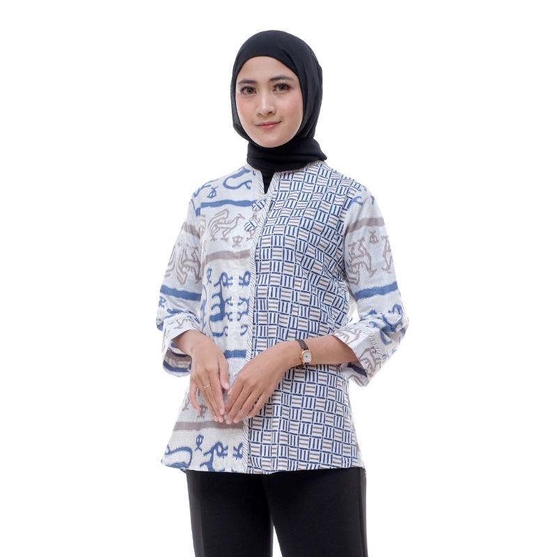 tey-17 Batik wanita ASJ SA HRB026 Kenongo Kemeja Tosca Pendek-PEGASUS BIRU