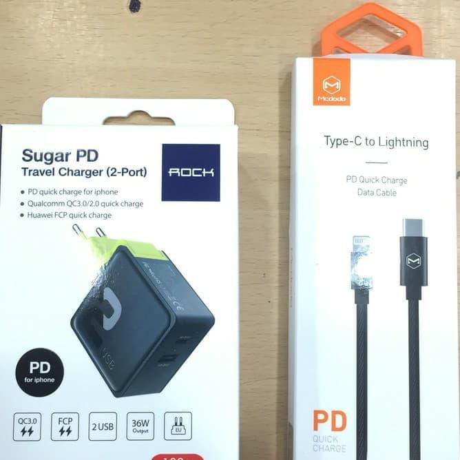 Terhot Paket Rock Sugar Pd Fast Charging & Qc 3.0 For Iphone X 8 + Pd Cable **