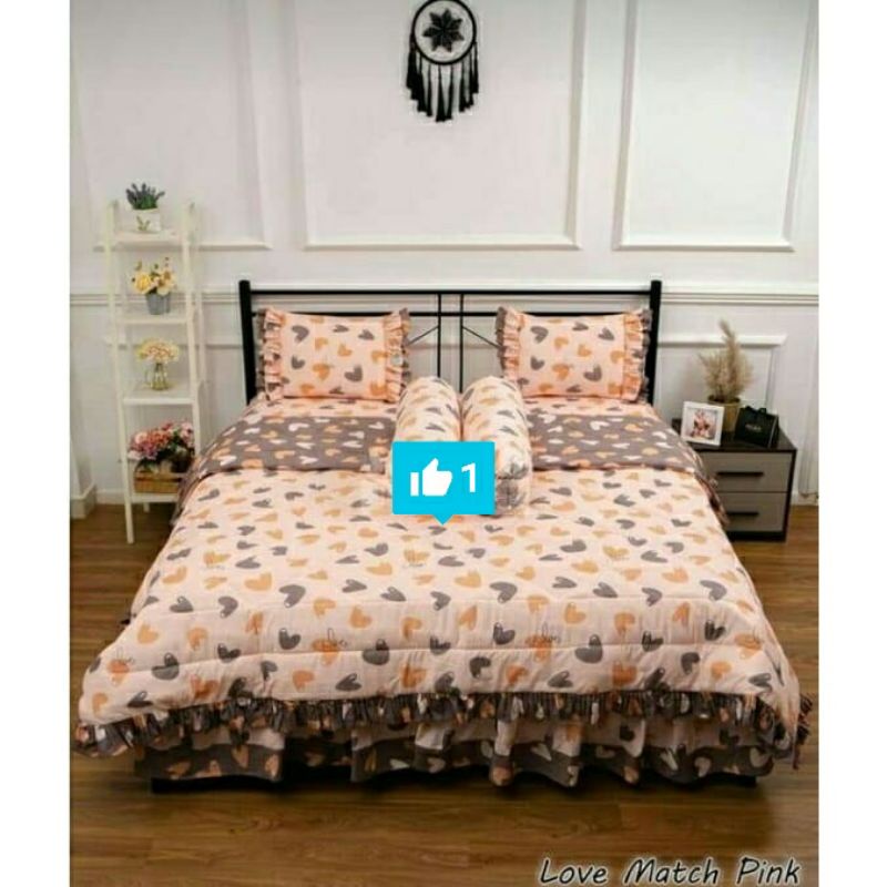 Sprei rumbai set bedcover pengantin bahan katun motif Love Macth Pink uk 100,120