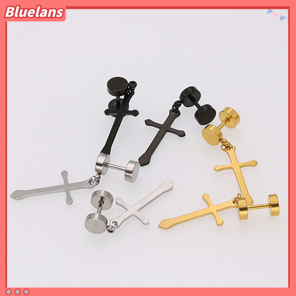 1 Pc Anting Stud Desain Dumbbell Cross Bahan Titanium Steel Untuk Dekorasi