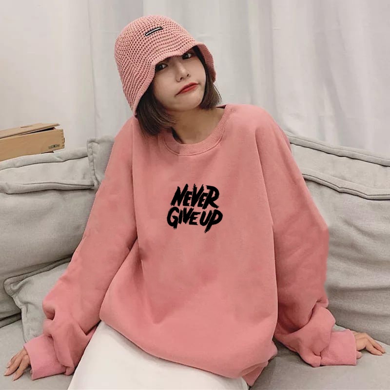 Sweater Never Give Up Black Pria &amp; Wanita | Sweater Korea Style Fleece Cotton | Dhea Fashion