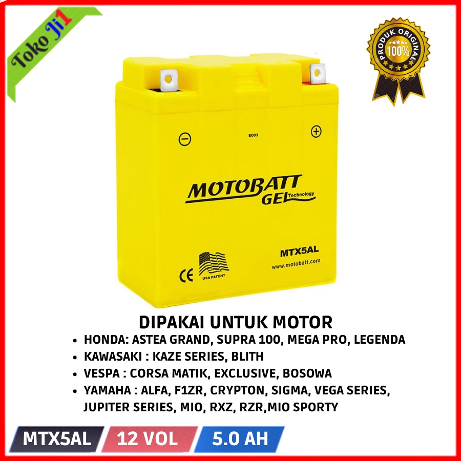 Motobatt Aki Kering Gel MTX5AL - 5Ah Astrea Grand Supra Mega Pro Lama Kaze Mio Jupiter Vega DLL