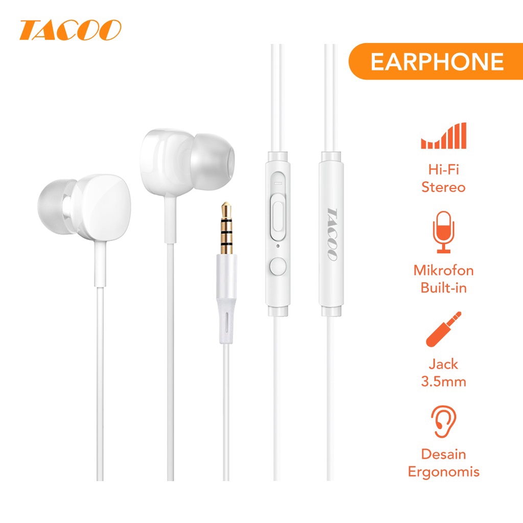 TACOO In-ear wired Headset Earphone Hi-Fi Sound Stereo Deep Bass Wired Waterproof Sweatproof Hitam/Putih
