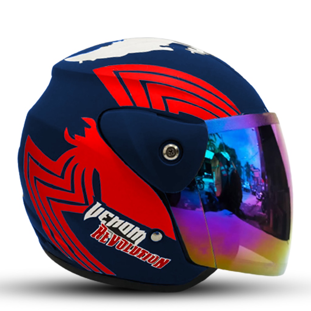 Helm Half Face Evo Evolution Venom Kaca Silver / Pelangi - Helm Premium Untuk Pria Dan Wanita Dewasa SNI