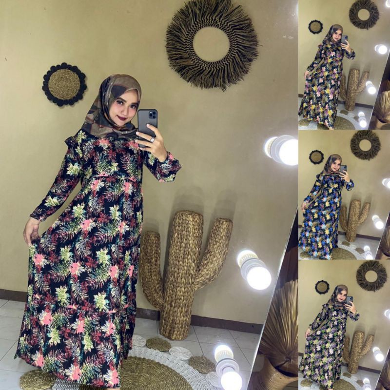 Gamis Rayon Viscose Bunga Abstrak exclusive Homedress Resleting Depan Busui Resleting Jepang