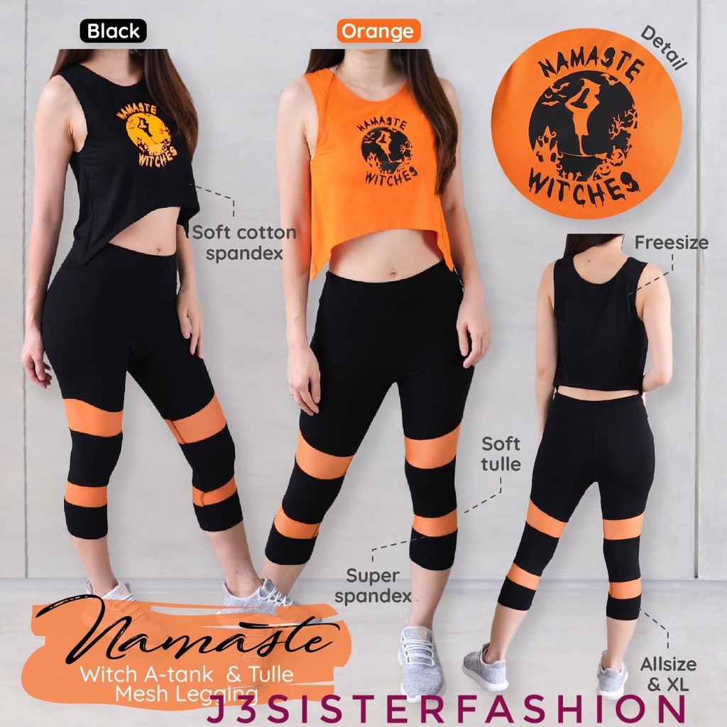 SETELAN SENAM TANKTOP CROP LEGGING TILE NAMASTE WITCH TULE SET baju senam hitam orange baju zumba ae