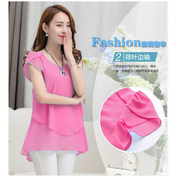 Blus Sifon Tangan Pendek Asimetris Gaya Korea - Chalola - Merah Salem