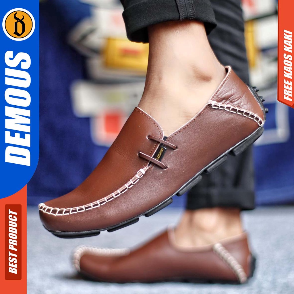 DEMOUS MOCCAS Sepatu Slip on Pria Santai Casual Formal Kulit Asli Kerja Kantor Kuliah Hitam-Coklat