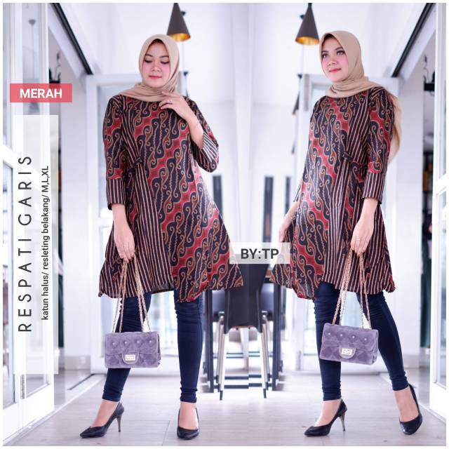 Tunik Respati Garis Layer Kombinasi Batik Sogan Modern Midi Casual Kerja Seragam Kantor Sogan Cantik