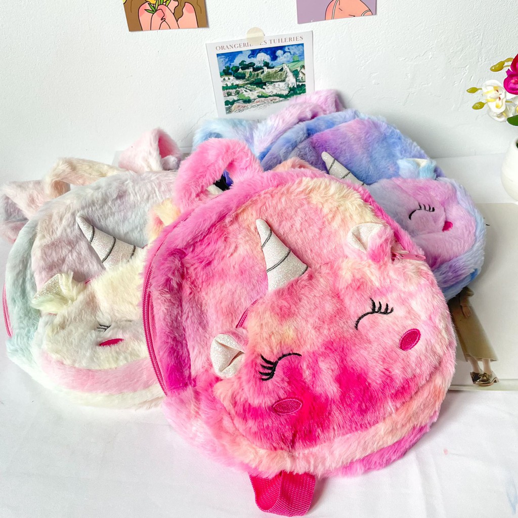 Tas ransel bulu unicorn plushie/ tas ransel tanduk unicorn ransel anak sekolah unicorn bulu halus Im