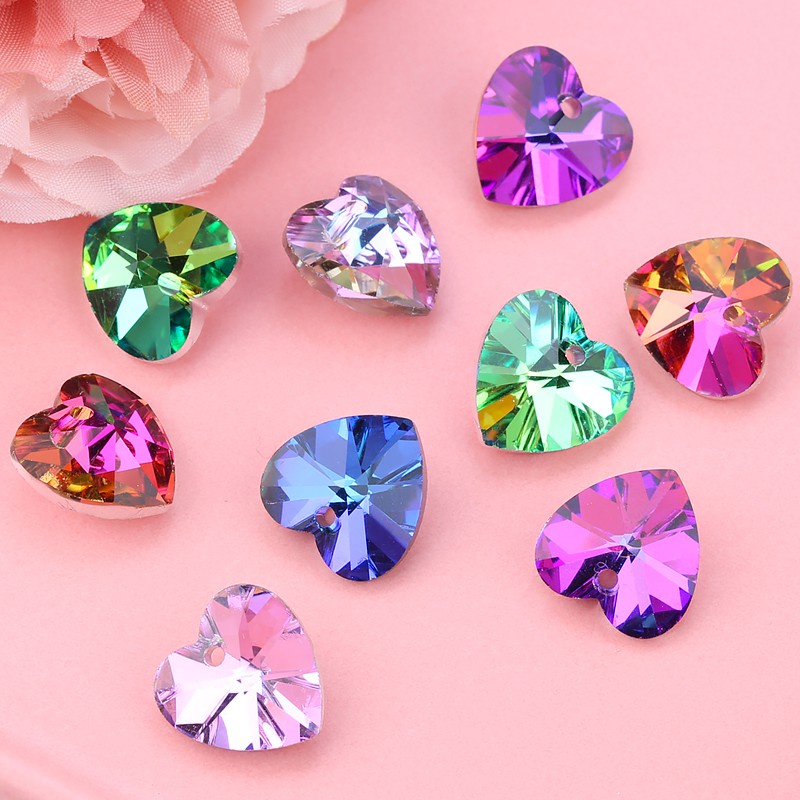 14 Mm Warna-warni Pesona Cinta Hati Liontin Kristal Hati Manik-manik Permata untuk Wanita Membuat Perhiasan Anting-Anting Kalung DIY 12 Pcs/lot