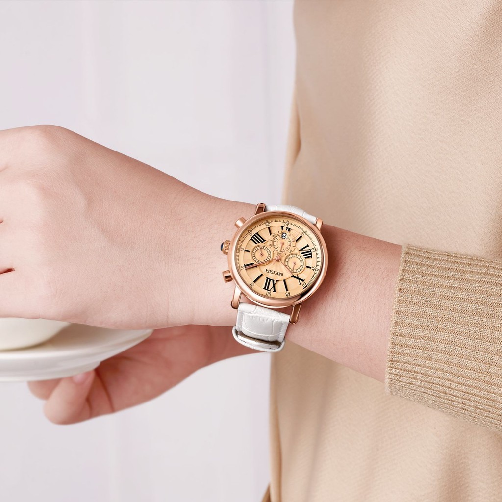 MEGIR 2058 Jam Tangan Wanita Analog Chronograph Tanggal Aktif Tali Kulit WATCHKITE WKOS