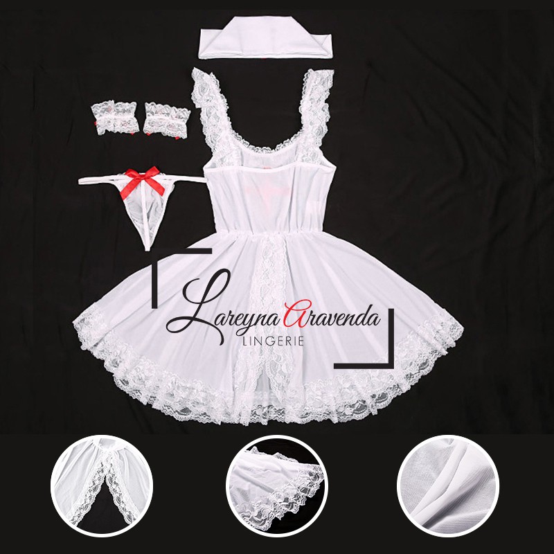 Set Lingerie + G String Seksi Model Cosplay Sensual Nurse LG154