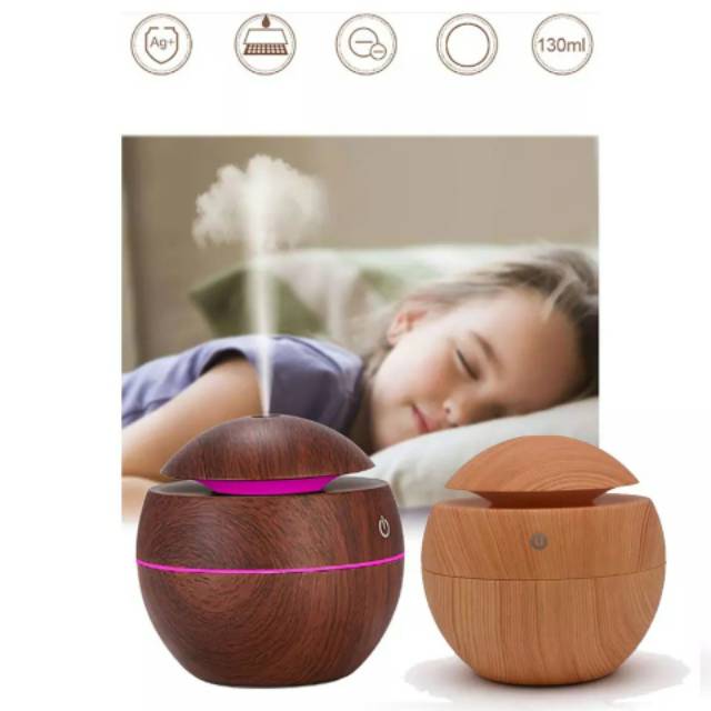 HUMIDIFIER DIFFUSER PURIFIER PELEMBAB PENGHARUM UDARA RUANGAN KAPASITAS KECIL 130ml BULAT WOODEN LED