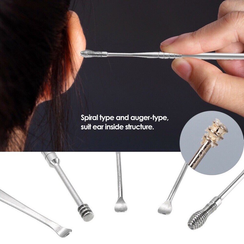 [5 IN1] Alat Pembersih Telinga Stainless 1 Set Korek Kuping Stainless Spiral Lengkap Earpick Kotoran Keras Sedot untuk Dewasa Bayi Balita