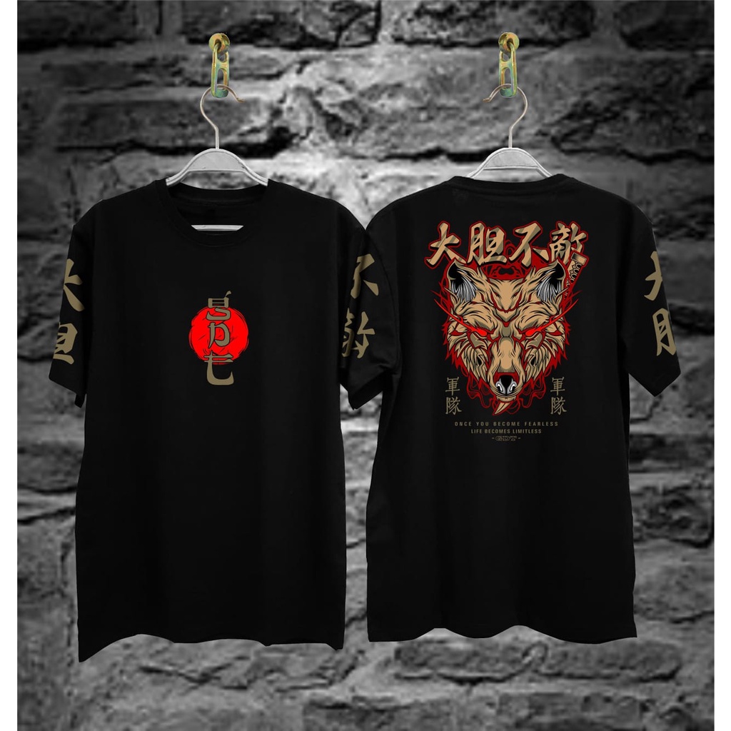 Baju Kaos Tshirt Pria Samurai srigala   Hitam Distro Lengan Pendek Motif Sablon Bergambar Keren