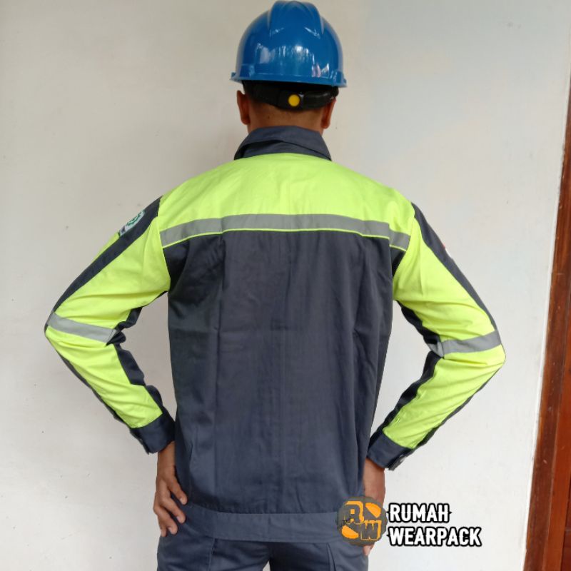 Baju Kerja/ Wearpack Proyek/ Seragam Kerja Atasan Lengan Panjang Abu Tua Hijau