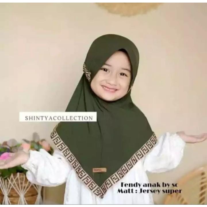 kerudung instan jersey bergo anak perempuan fendi umur 3-8 tahun bahan jersey hyget jumbo motif list tali serut ped antem terbaru