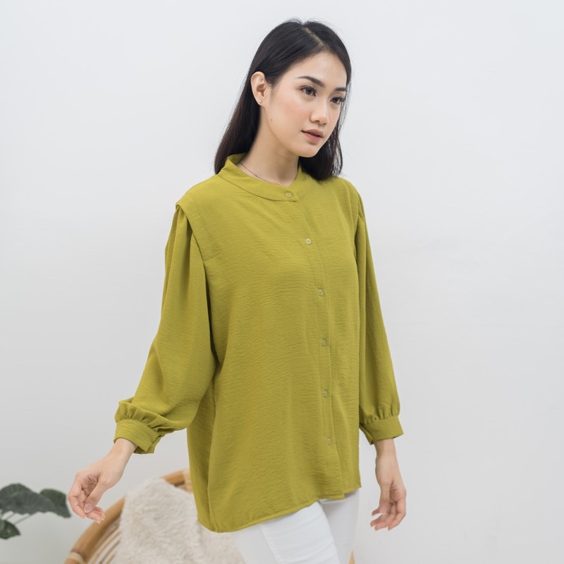 MSMO River Blouse Oneck Longsleeve / Blouse Wanita / Kemeja Kantor / Kemeja Crinkle / Kemeja Lengan Panjang-Lemon