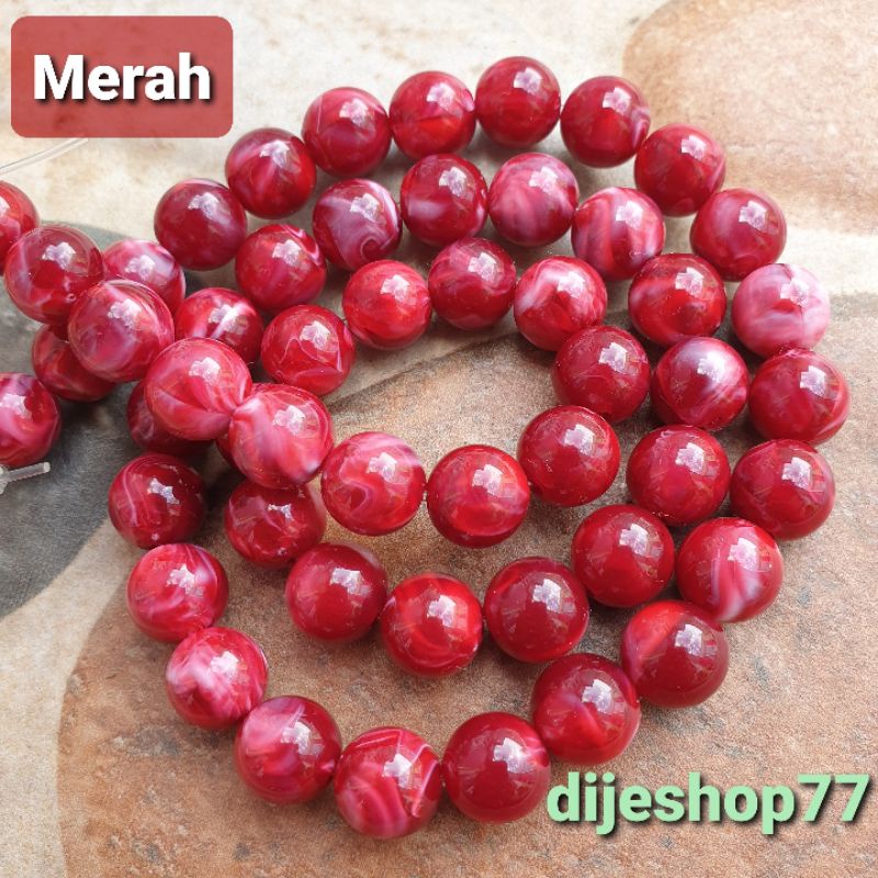 Manik Batu Pirus Marmer Merah ( per String dengan tali senar karet )/ Manik manik Marble Candy Pyrus