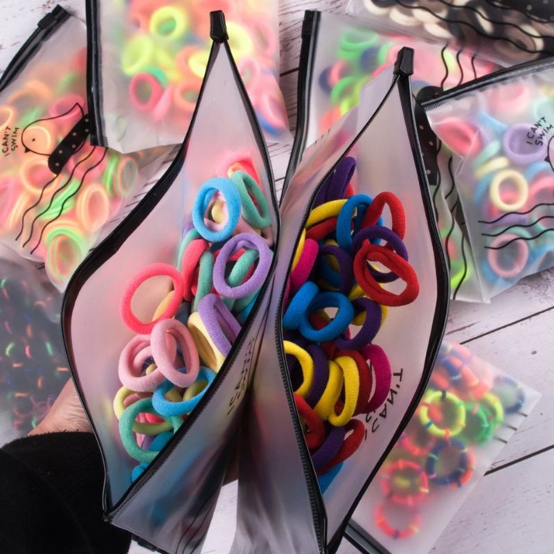 [ COD ] 100Pcs dan 50pcs Ikat Rambut + POUCH Lucu / Ikat Karet Donat Polos Warna Warni-8