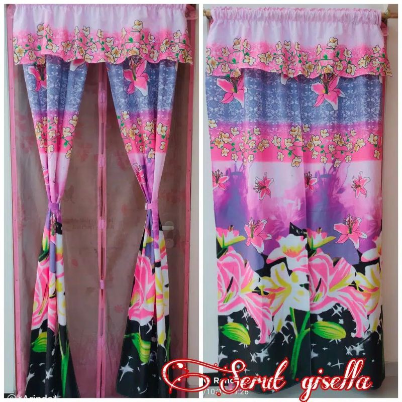Gorden Serut belah 2 Gisella Pink / gorden serut belah 2 motif bunga tulip