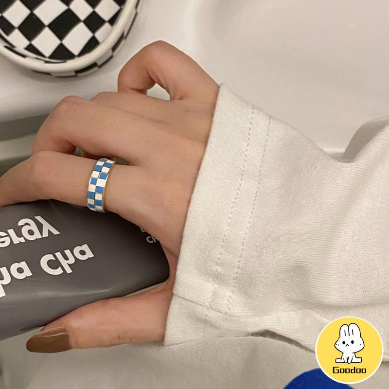Cincin Korea Adjustable Motif Papan Catur Persegi Untuk Wanita -Doo
