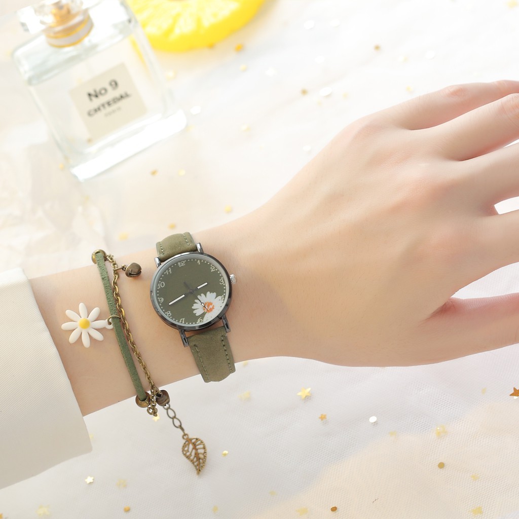 ✅COD Jam Tangan Wanita Quartz Analog Motif Bunga Daisy Bahan Kulit