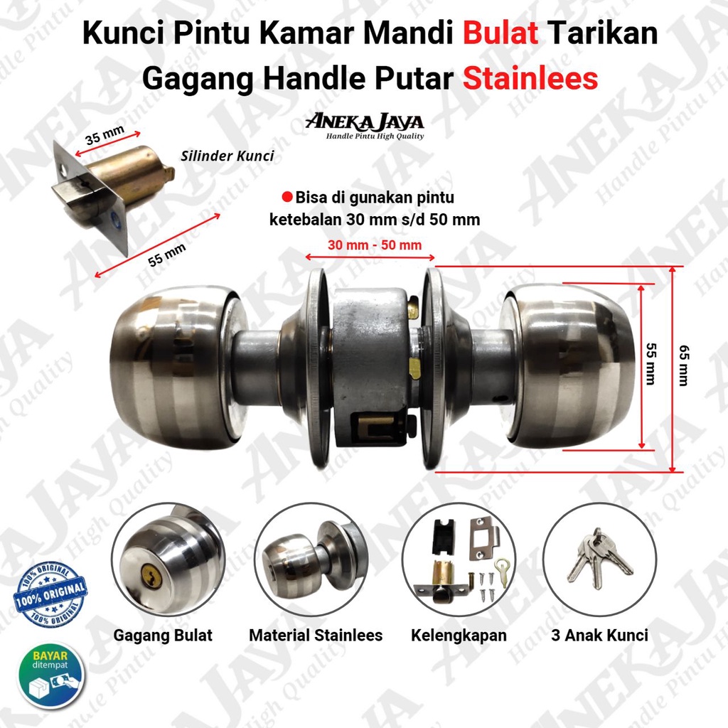 Kunci pintu kamar mandi / Tarikan Gagang Pintu Rumah Putar stainlees murah awet / Gagang Bulat