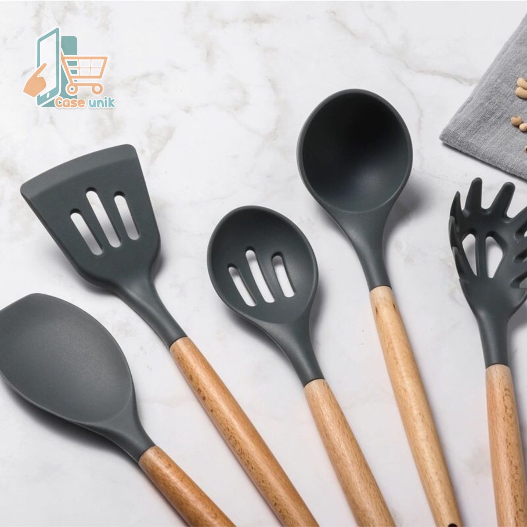 RT82 KITCHEN UTENSIL SILICONE WOOD 12PCS SET PERALATAN DAPUR MASAK BAKING SUTIL SPATULA SENDOK SILIKON SET ALAT MASAK 11 IN 1 GAGANG KAYU CS3947