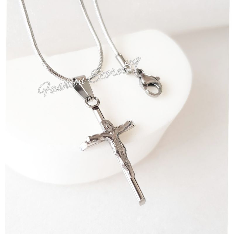 Kalung Salib Jesus Titanium Silver Gold Premium Antikarat Fashion Rohani Kalung Titanium Salib Antikarat