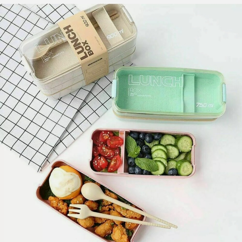 Kotak Bekal Lunch Box Kotak Makan Ompreng Tempat Makan 3 layer 900 ML Jerami BPA Free Sendok Garpu