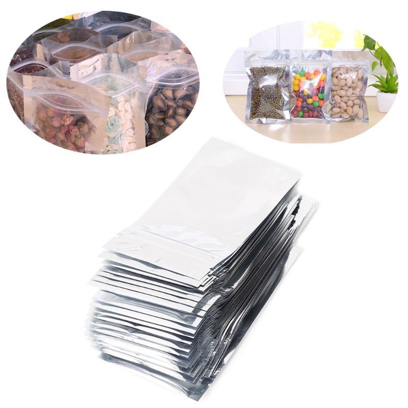 CRE  50 Pcs 7x13cm Silver Aluminum Foil Mylar Recloeable Ziplock Bag Front Clear Leak Proof