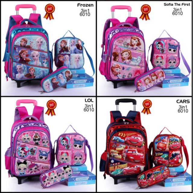 TROLLEY SCHOOL BAG 3IN1 / TAS ANAK FROZEN,SPIDERMAN,SOFIA