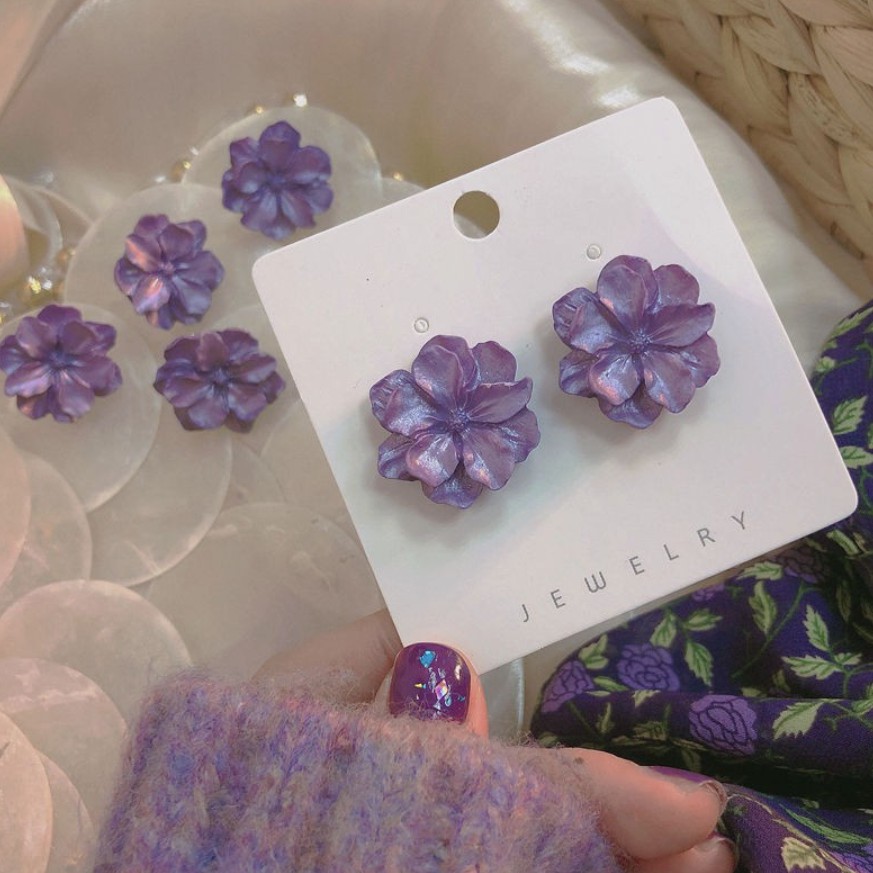 Anting Wanita Korea Elegan Bunga Putih Ungu/ Korean Elegant White Purple Flower Bloom Earrings-3