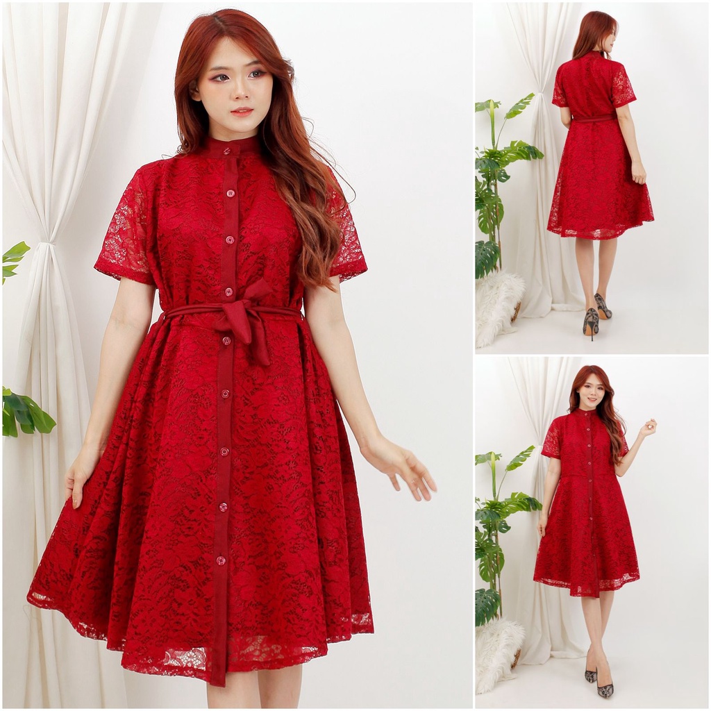 Dress Clara Brukat Midi / Dres Pesta Brokat / Dress Gereja Natal /  Dress Brukat Corneli Premium Len