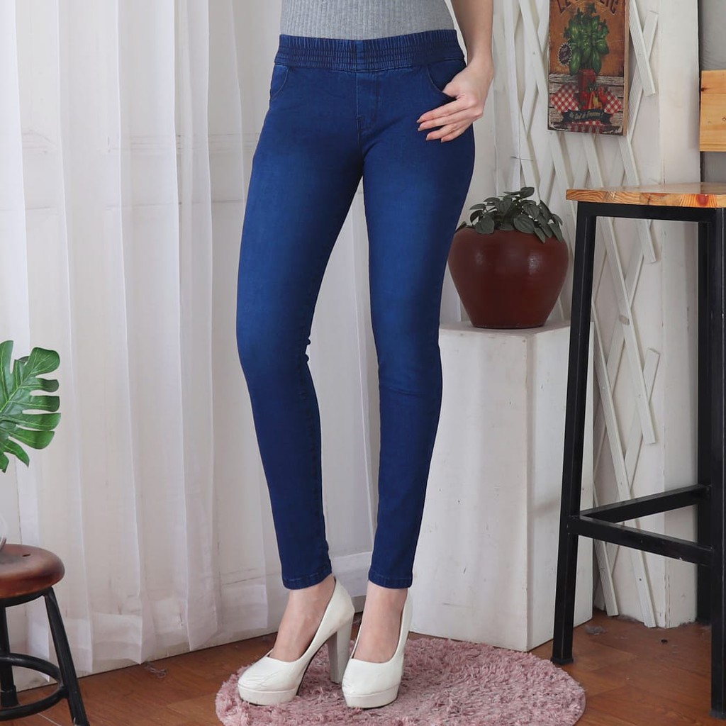 7C-G CELANA LEGGING JEANS PREMIUM BIRU DIAMOND /PINGGANG KARET JEANS /BIGSIZE /27 - 38