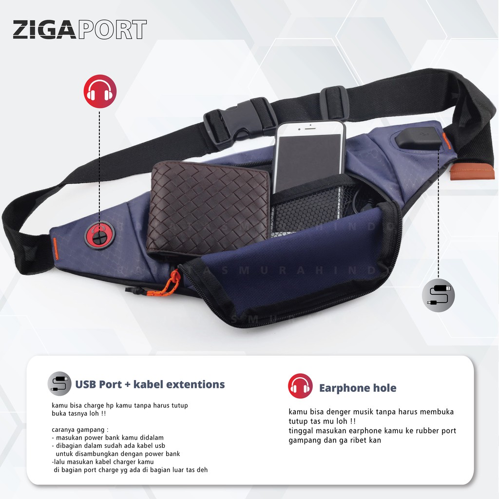 Waist Bag Pria Gear Bag 13111 ZIGA PORT + FREE USB EXTENTIONS CABLE - WaistBag With Charging Port