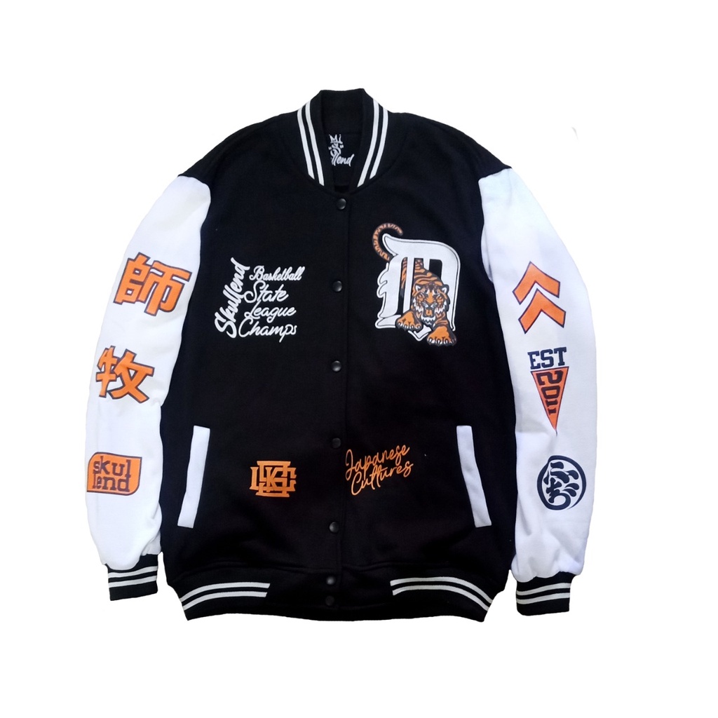 SKULLEND Jaket Varsity Baseball Vintage Pria Wanita Japanese Black White