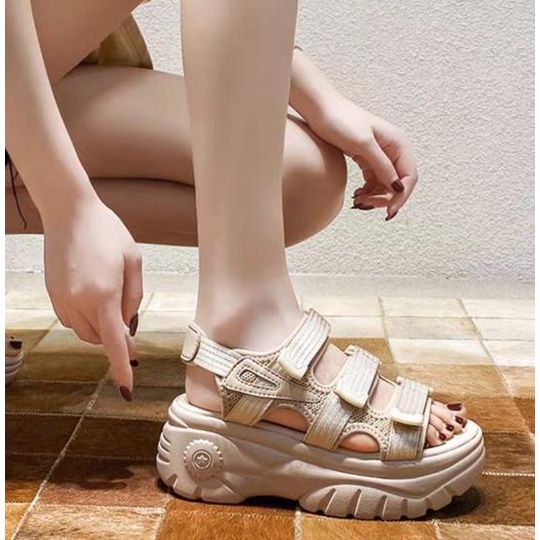 AXELINE PLATFORM WEDGES WANITA ALEXA STRAP KOREA CREAM BLACK SELLER SANDAL GUNUNG ✓