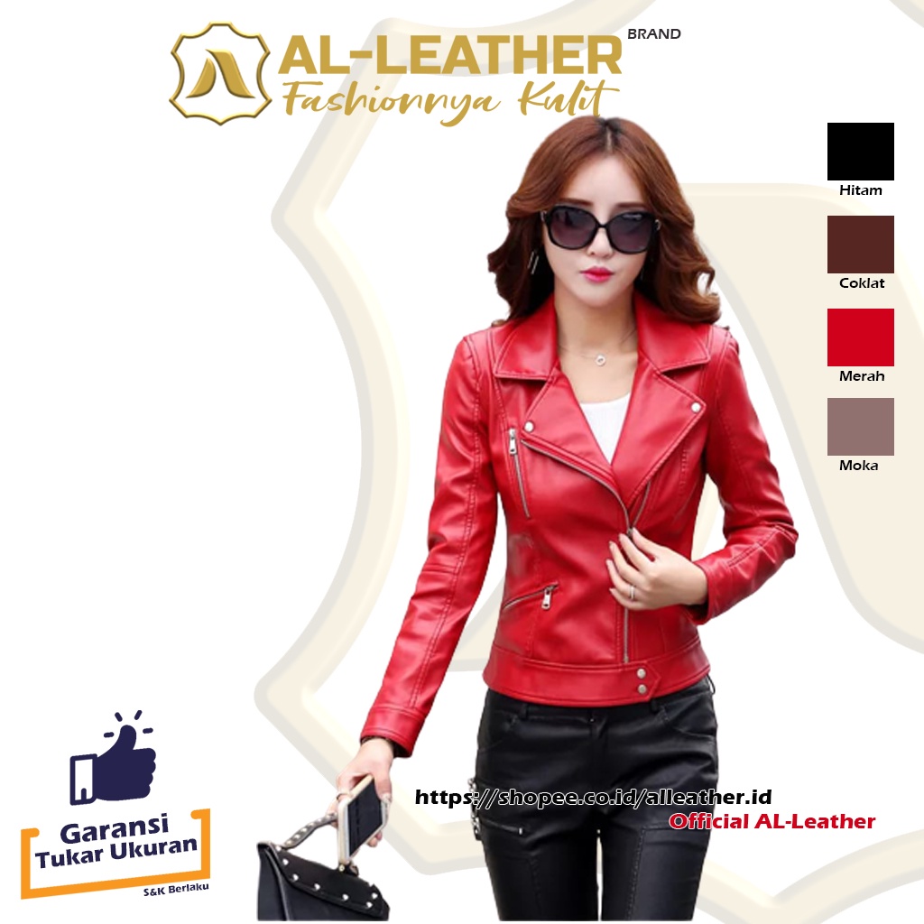 AL-Leather Premium Jaket Kulit Wanita Crop Jesica Elegant Hitam Coklat Moka Merah M L XL XXL 3XL-Merah