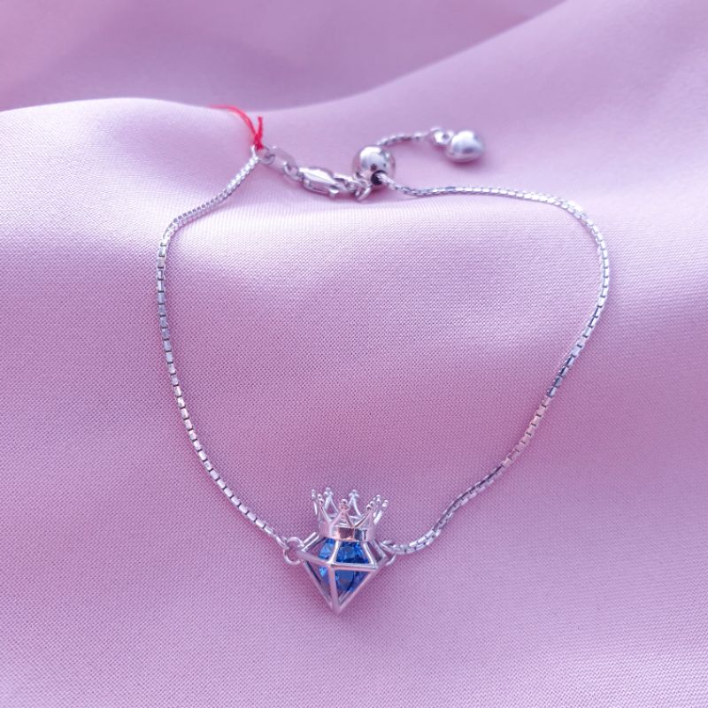 [NEW] Gelang tangan emas putih serut birthstone mahkota biru emas putih asli kadar 375, gelang tanga