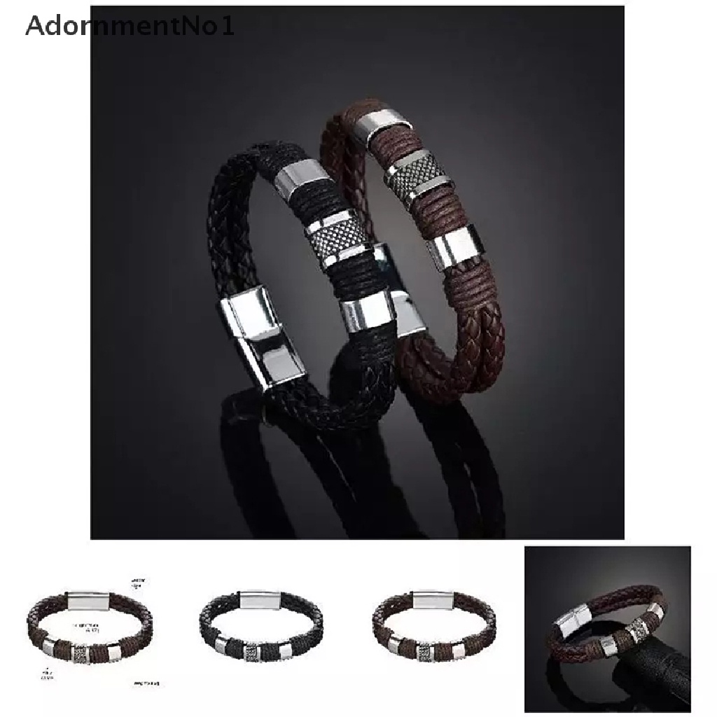 (AdornmentNo1) Gelang Tangan Tali Kulit Asli Multilayer Motif Anyam + Hollow Untuk Pria, Handmade