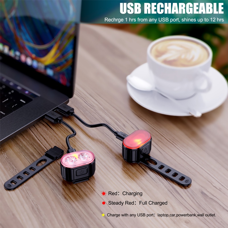 (2 Pcs) (Lampu Depan / Belakang Sepeda Mtb Led Terang Anti Air Dengan Port Charger Usb